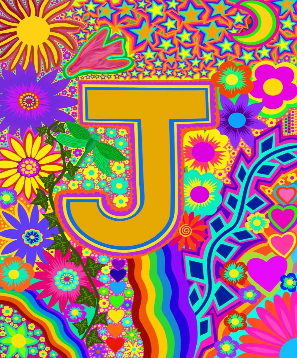 A vibrant, psychedelic artwork featuring a large gold letter 'J' surrounded by colourful flowers, stars, hearts, rainbows, a dolphin, a sun, and a crescent moon in a kaleidoscope of bright colours.