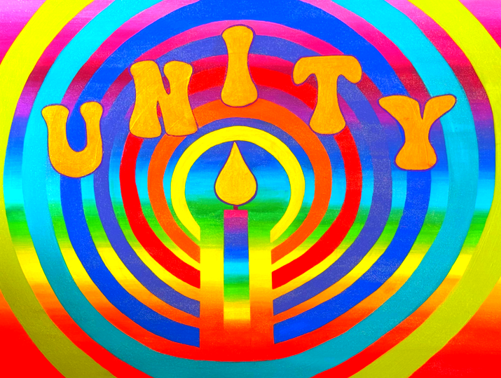 Colourful rainbow concentric circles with a candle and the word 'Unity' in orange letters at the top.
