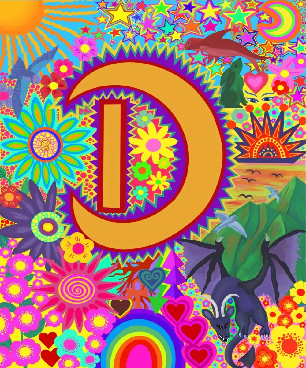 Colourful psychedelic collage featuring a large gold letter 'D' surrounded by vibrant flowers, birds, hearts, a rainbow, mountains, and a sunset.