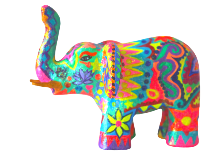 Colourful, decorative elephant ornament with vibrant, bright patterns and designs.