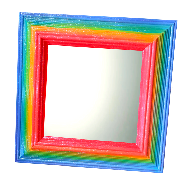 Colourful rainbow-striped square mirror with a frame featuring red, orange, yellow, green, blue, and pink colors.