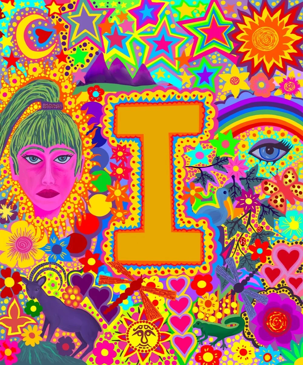 Colorful psychedelic artwork featuring stars, the sun, a rainbow, a woman with green hair, a blue eye, flowers, a unicorn, a dragonfly, and a large gold letter 'I' in the center