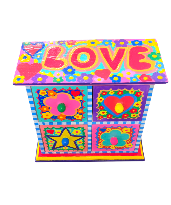 Colourful wooden jewelry box with drawers decorated with flowers, hearts, and stars, topped with the word 'LOVE' in large pink and yellow letters.
