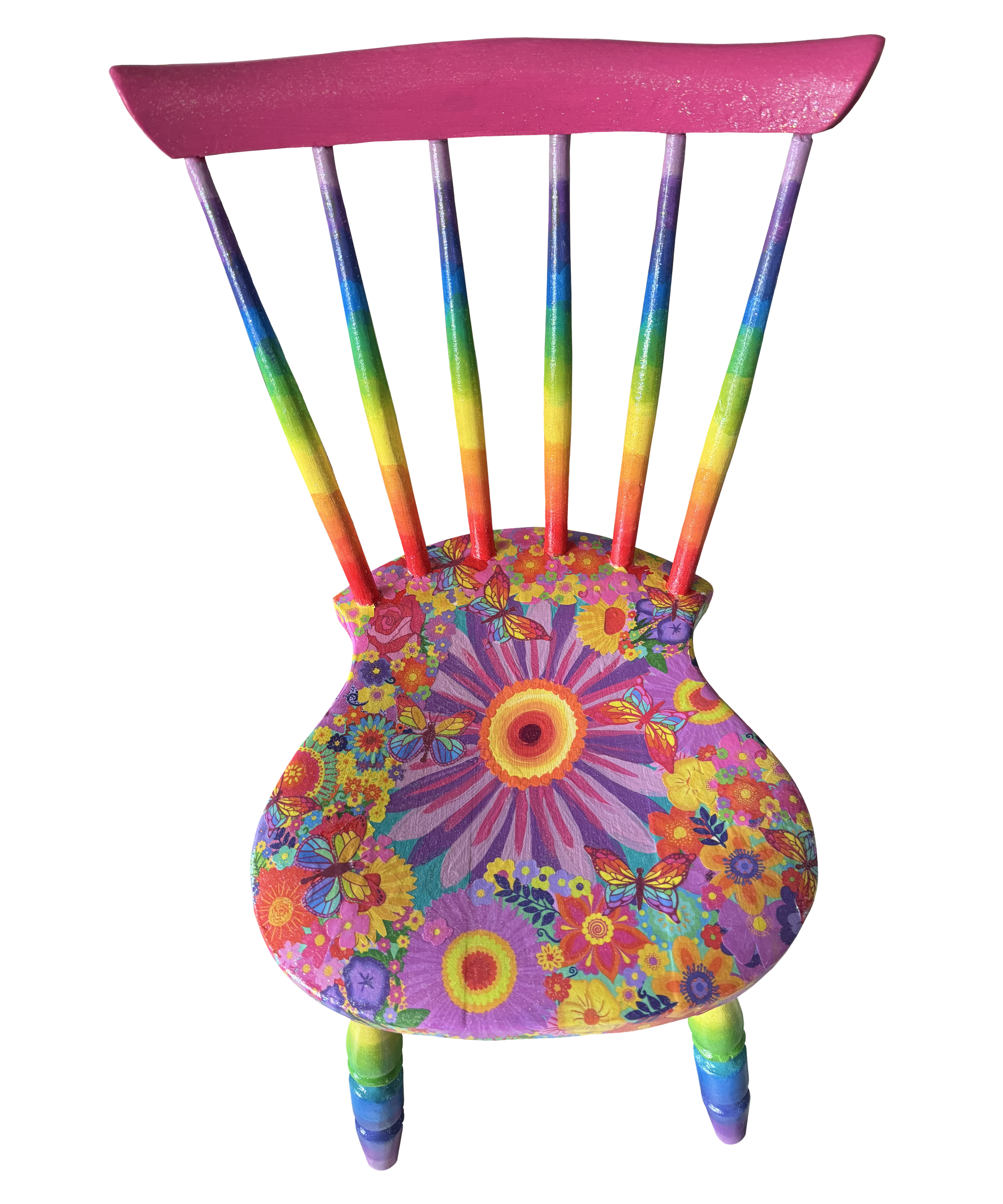 A Colourful wooden chair painted with floral and butterfly patterns, featuring rainbow-colored spindles and legs against a black background.