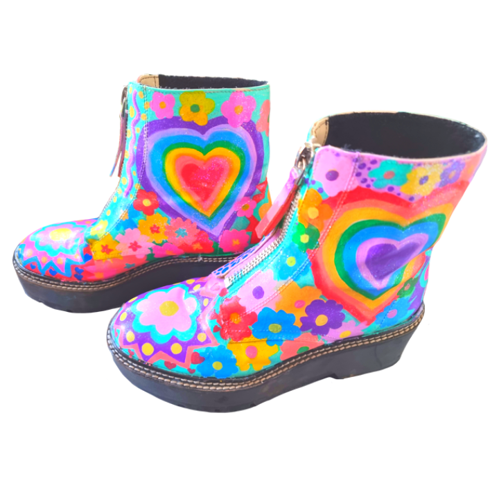 Colourful Size 6 ankle boots with rainbow, heart, and flower patterns in bright colors.