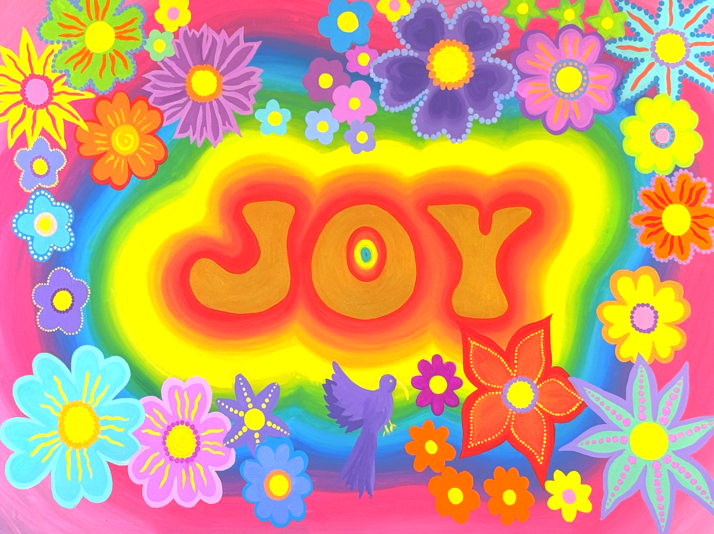 Colourful, vibrant artwork with the word 'JOY' in the center surrounded by various brightly colored flowers, a rainbow background, and a purple bird.