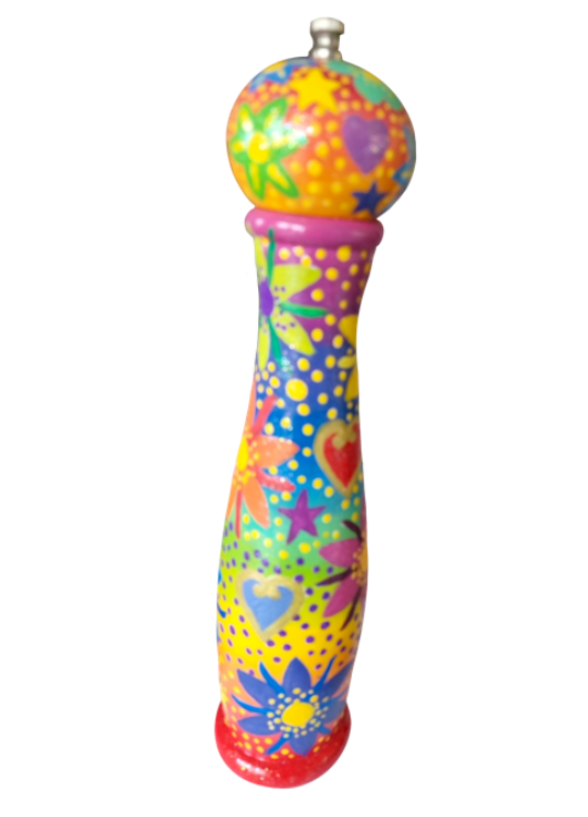 Colourful decorated pepper grinder with hearts, stars, flowers, and abstract shapes in bright colors.