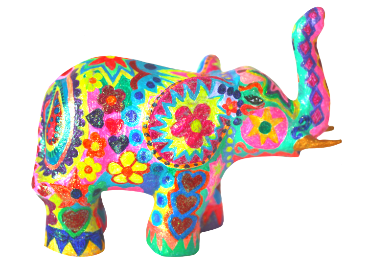 Colourful, decorated elephant figurine with vibrant patterns and floral motifs.
