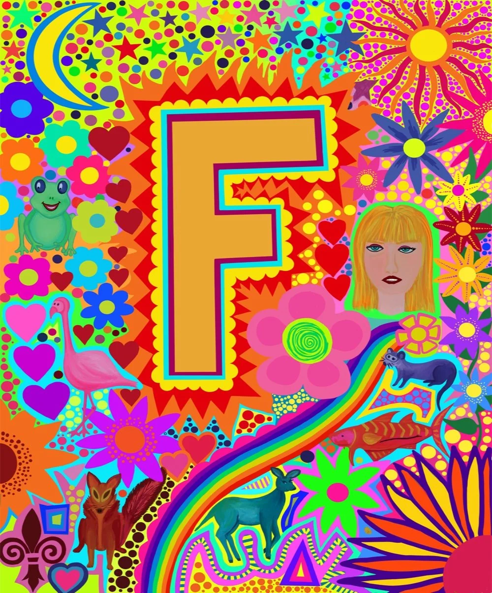A vibrant, colorful psychedelic illustration featuring a gold letter 'F' in the center, surrounded by cartoon animals including a frog, bird, cat, rat, and a woman with orange hair, along with various flowers, hearts, stars, moons, and a rainbow.