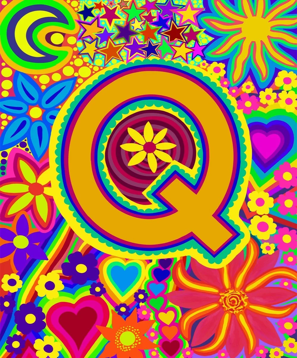 colourful psychedelic artwork featuring a large gold letter Q surrounded by vibrant flowers, hearts, stars, and rainbow patterns in bright, neon colors.