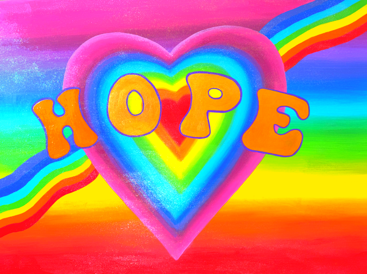 Colourful heart with the word 'HOPE' in rainbow colors and a rainbow in the background.