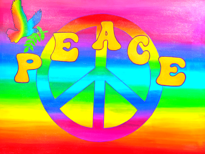 Colourful rainbow background with a peace symbol in the center, the word 'PEACE' written above it with large yellow letters, and a rainbow-colored bird flying in the top left corner.