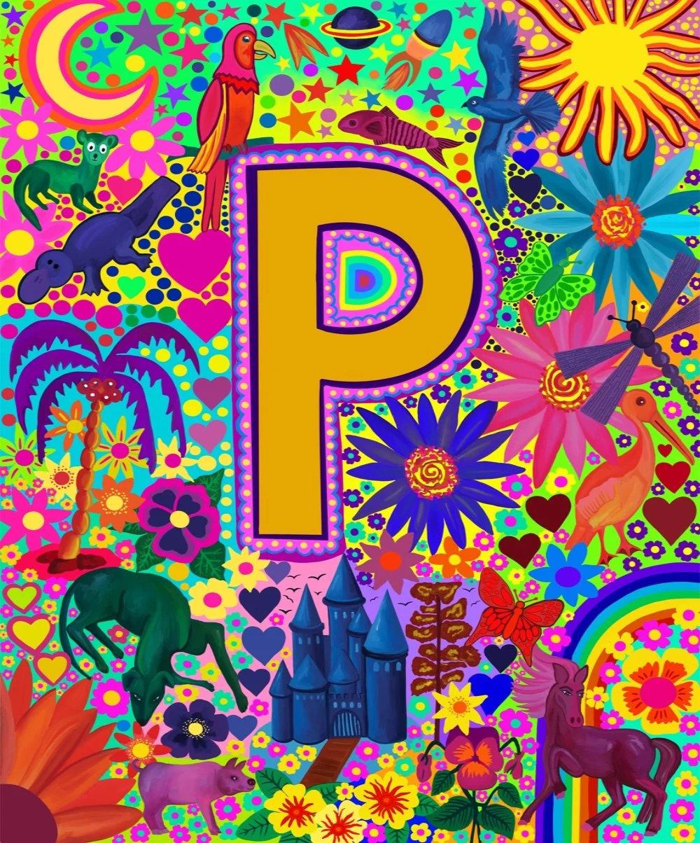 Bright, colourful illustration with a large letter 'P' at the center, surrounded by vibrant flowers, animals, rainbows, and whimsical elements in a psychedelic style.