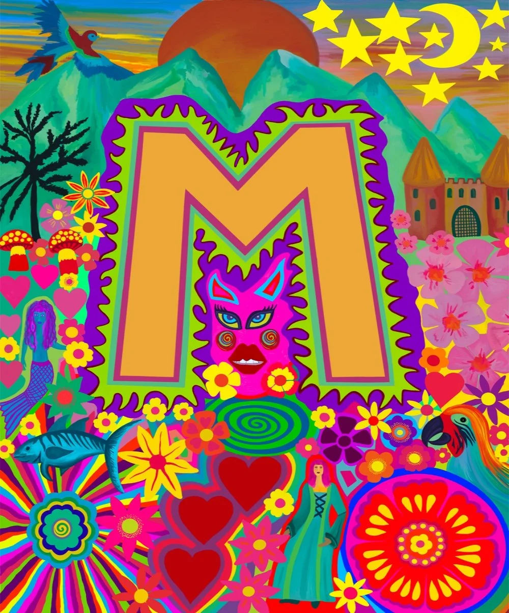 Colorful psychedelic landscape with bright mountains, a large orange sun, stars and moon in the sky, and a big letter M at the center. Surrounding elements include a dragon, castles, flowers, a mermaid, a fish, a woman in a green dress, a parrot, and