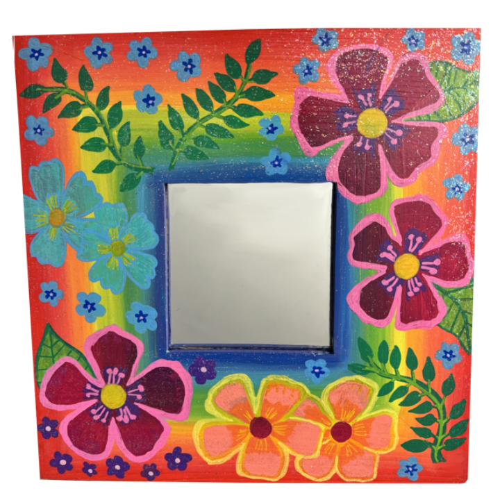 Colourful wooden photo frame decorated with hand-painted flowers in pink, blue, orange, and green, set against a vibrant rainbow background.