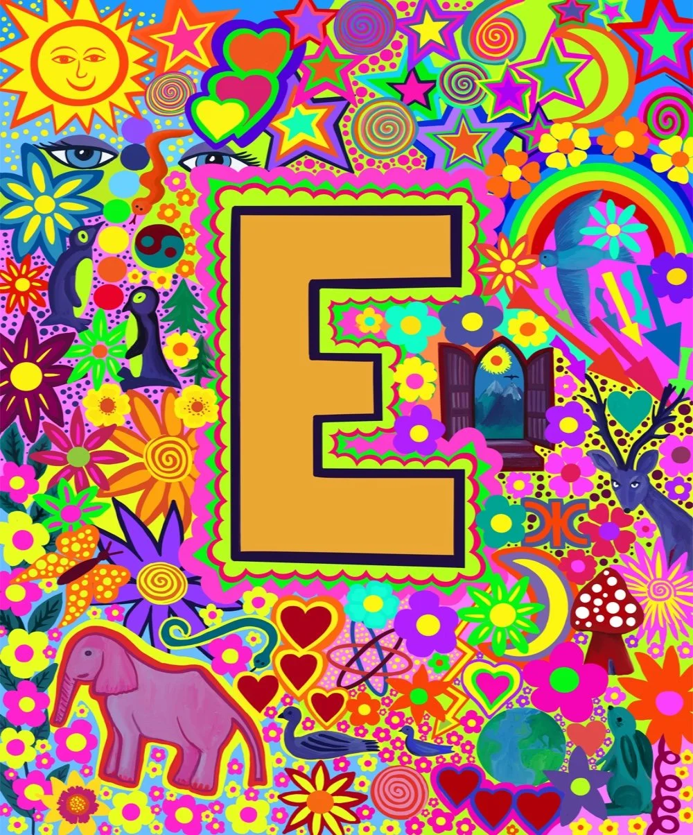 Colourful psychedelic illustration featuring a large gold letter 'E' in the center surrounded by flowers, hearts, stars, clouds, a rainbow, a sun with a face, a bird, a rabbit, an elephant, and various whimsical elements.