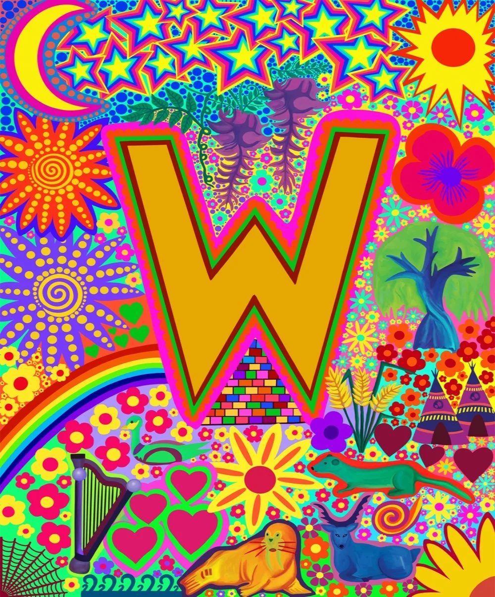 Colourful, psychedelic artwork with a large gold letter 'W' in the center, surrounded by stars, flowers, a rainbow, animal illustrations, and abstract patterns in vivid colours.