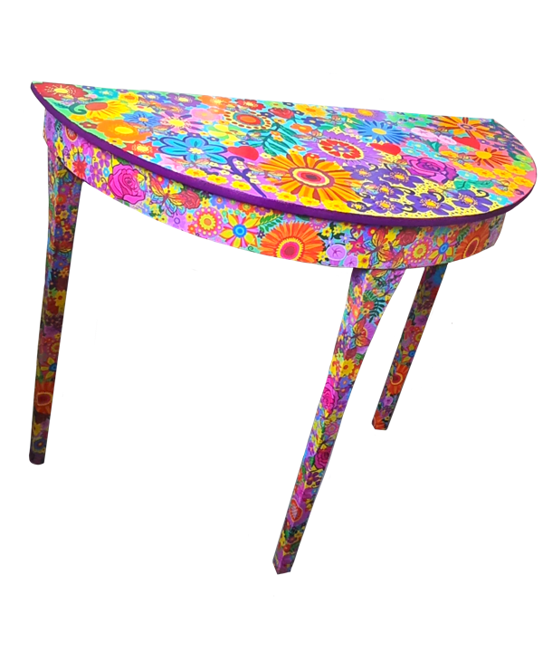 A Colourful table with a floral pattern featuring various bright, multicolored flowers on its surface and legs.