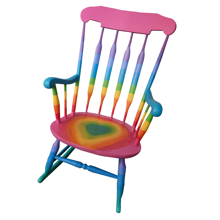 Colourful wooden rocking chair with rainbow stripes on the backrest, armrests, and seat, set against a plain white background.