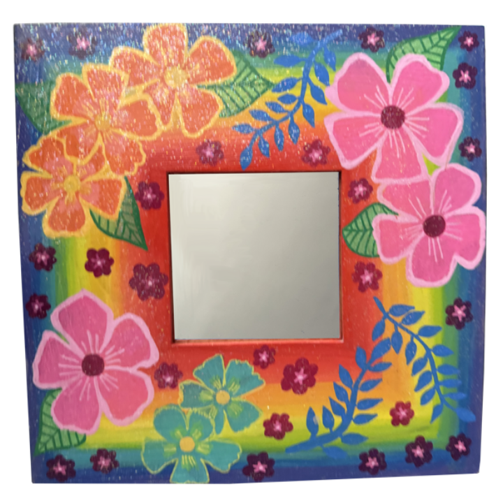 Colourful floral hand-painted picture frame with pink, orange, blue, and green flowers and leaves, featuring a rainbow background with small purple and pink flowers.