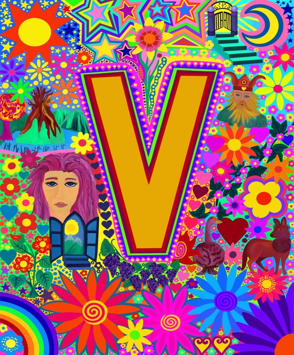 Bright, colorful psychedelic art with a large gold letter V in the center, surrounded by vibrant flowers, a rainbow, a woman with pink hair, a jester, a tree, a fairy tale castle, a lion, a wolf, a bird, and a rainbow.