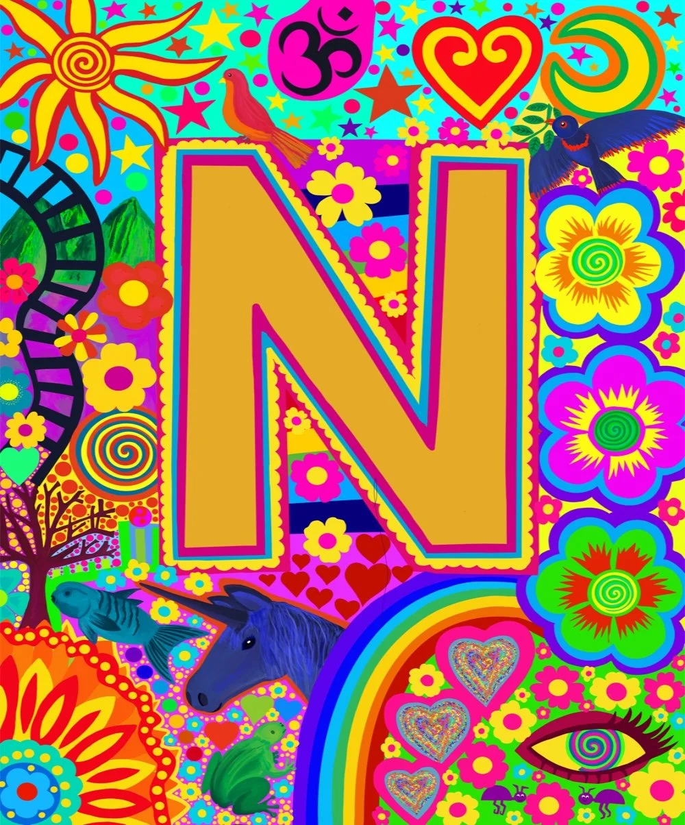 Bright, colourful psychedelic artwork featuring a large gold letter 'N' surrounded by flowers, hearts, stars, a rainbow, a sun, animals including a horse's head, a frog, a cat, a bird, and a fish, with swirling patterns and an eye.