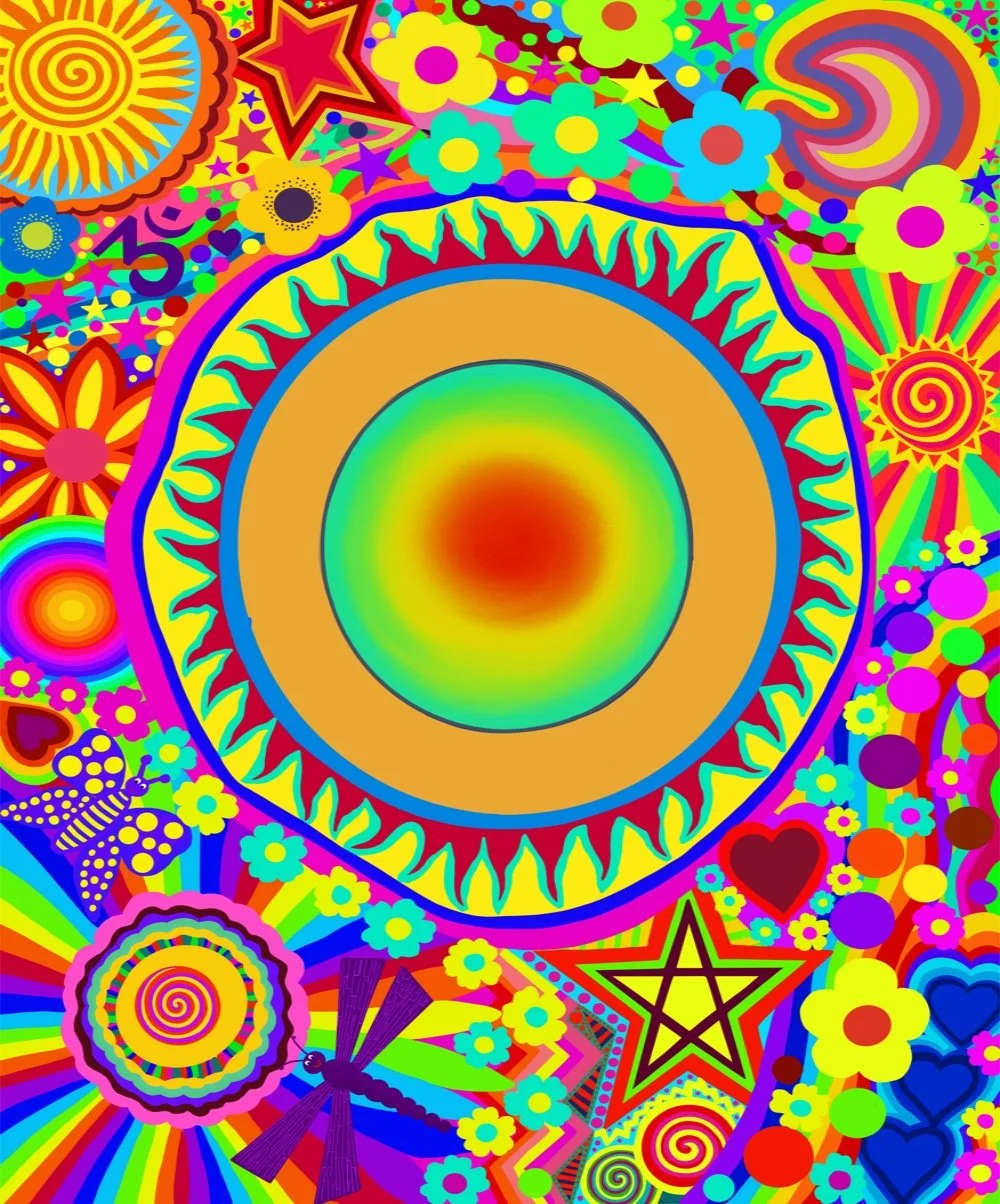 Colourful psychedelic pattern gold letter O with various shapes including flowers, stars, spirals, hearts, and a rainbow, all in vibrant rainbow colors.