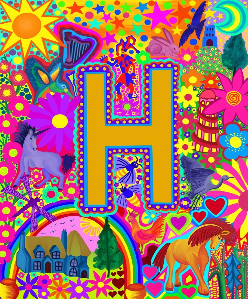 Colourful psychedelic featuring a gold letter 'H', surrounded by rainbows, flowers, animals including a horse, unicorn, butterfly, bird, rabbit, and a dragonfly, with stars, a sun, moon, castle, and hearts in a vibrant, abstract style.