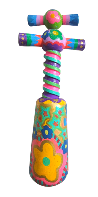 Colourful corkscrew decorated with floral patterns and bright colors.