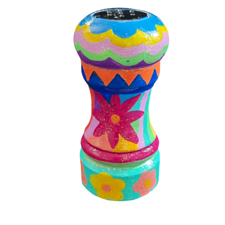 Colourful painted wooden salt shaker with floral and zigzag patterns