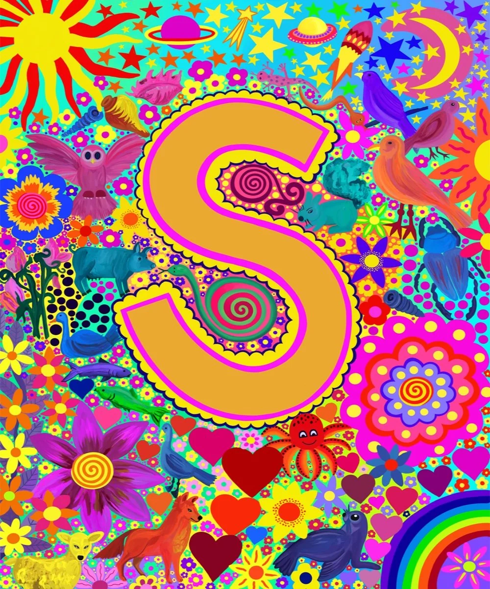 Colourful psychedelic illustration with a large gold letter S in the center, surrounded by animals such as birds, a wolf, a lion, and a butterfly, along with stars, flowers, hearts, rainbows, planets, and other cosmic elements in vibrant colours.
