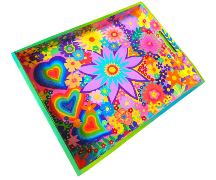 Colourful, psychedelic artwork featuring various flowers and hearts in bright rainbow colors.
