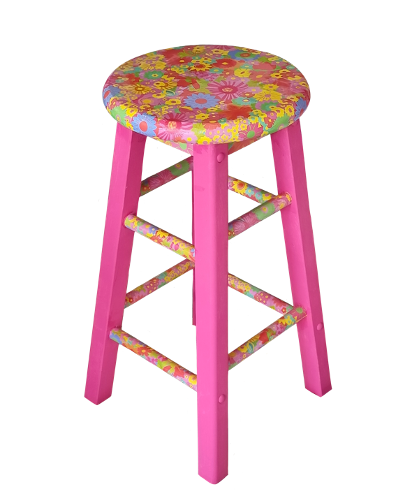 A pink wooden stool with a floral patterned seat and decorative crossbars on each side.