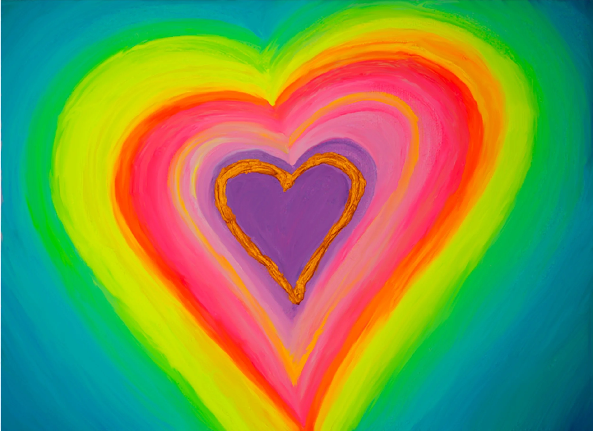 A Colourful, hand-painted rainbow heart with multiple layers of vibrant colors including purple, pink, red, orange, yellow, green, and blue.
