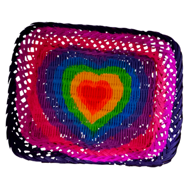 Colourful woven basket with rainbow heart pattern at the centre