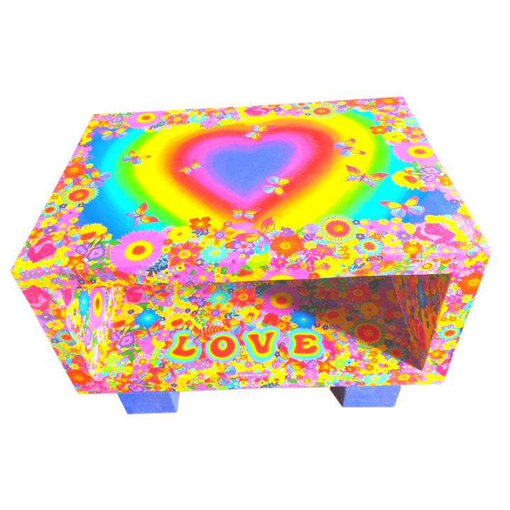 Colourful wooden box decorated with rainbow colors, flowers, butterflies, and a large heart on top, with the word 'LOVE' on the front.