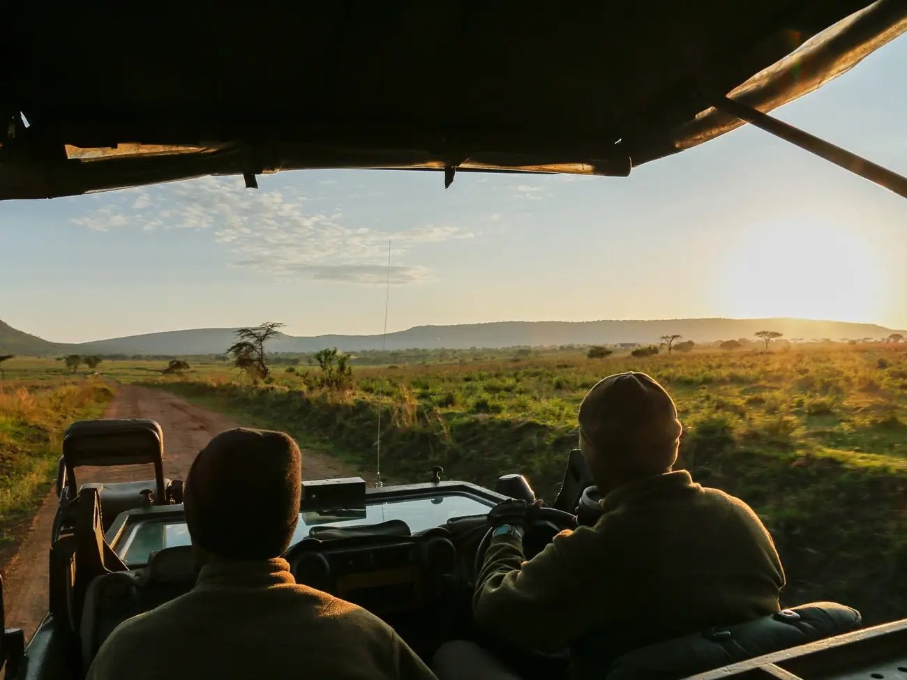 Two people riding in an open safari vehicle through a grassy landscape during sunset, with rolling hills and scattered trees in the distance.