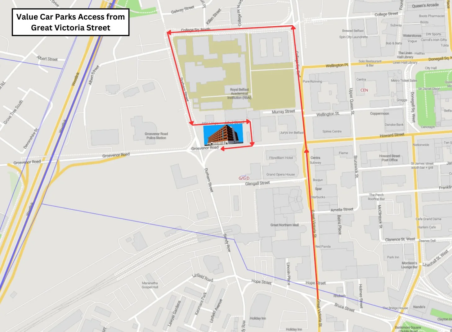 Map showing access route for Value Car Parks from Great Victoria Street with red arrows indicating the route.