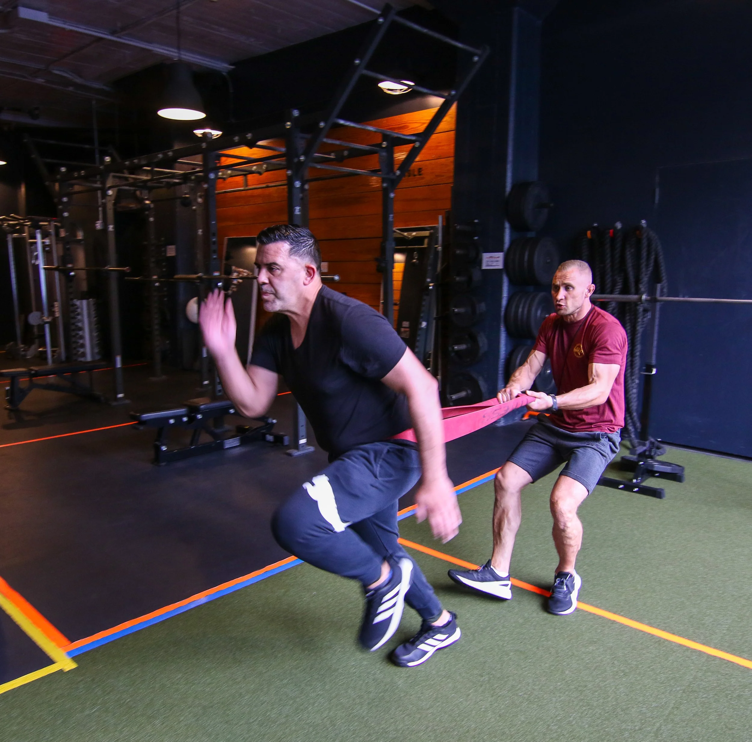 Running in place with resistance band requires quick breaths.
