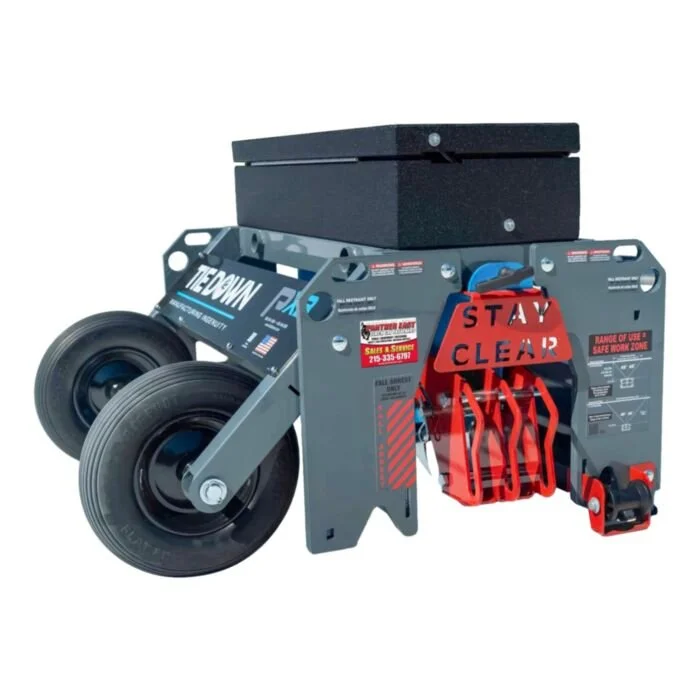 Portable emergency snow chains for vehicle tires with wheels, safety sign, and storage box
