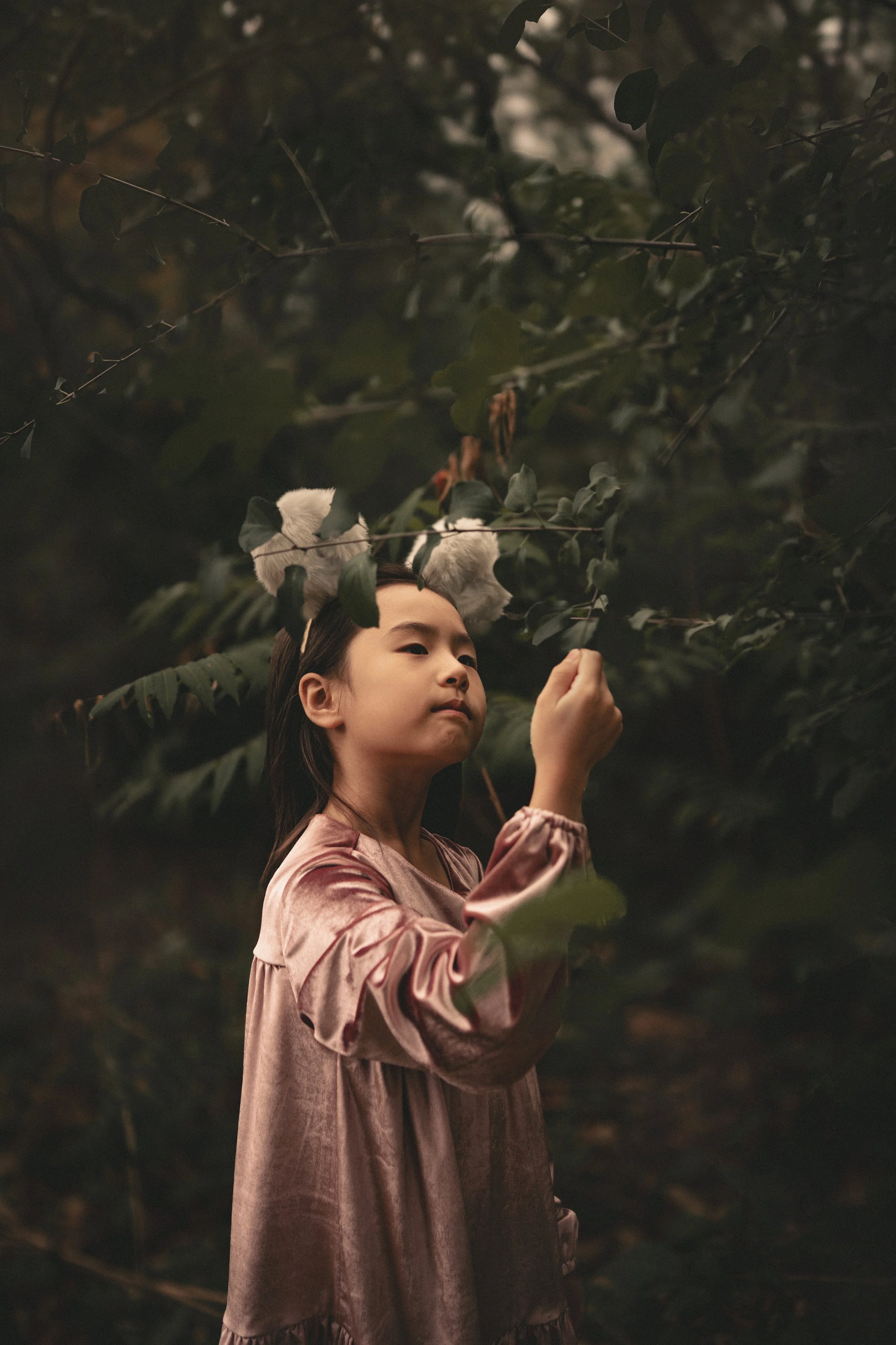 Young girl with long dark hair, wearing a satin pink dress, examined a branch with leaves in a dark, forestlike setting.