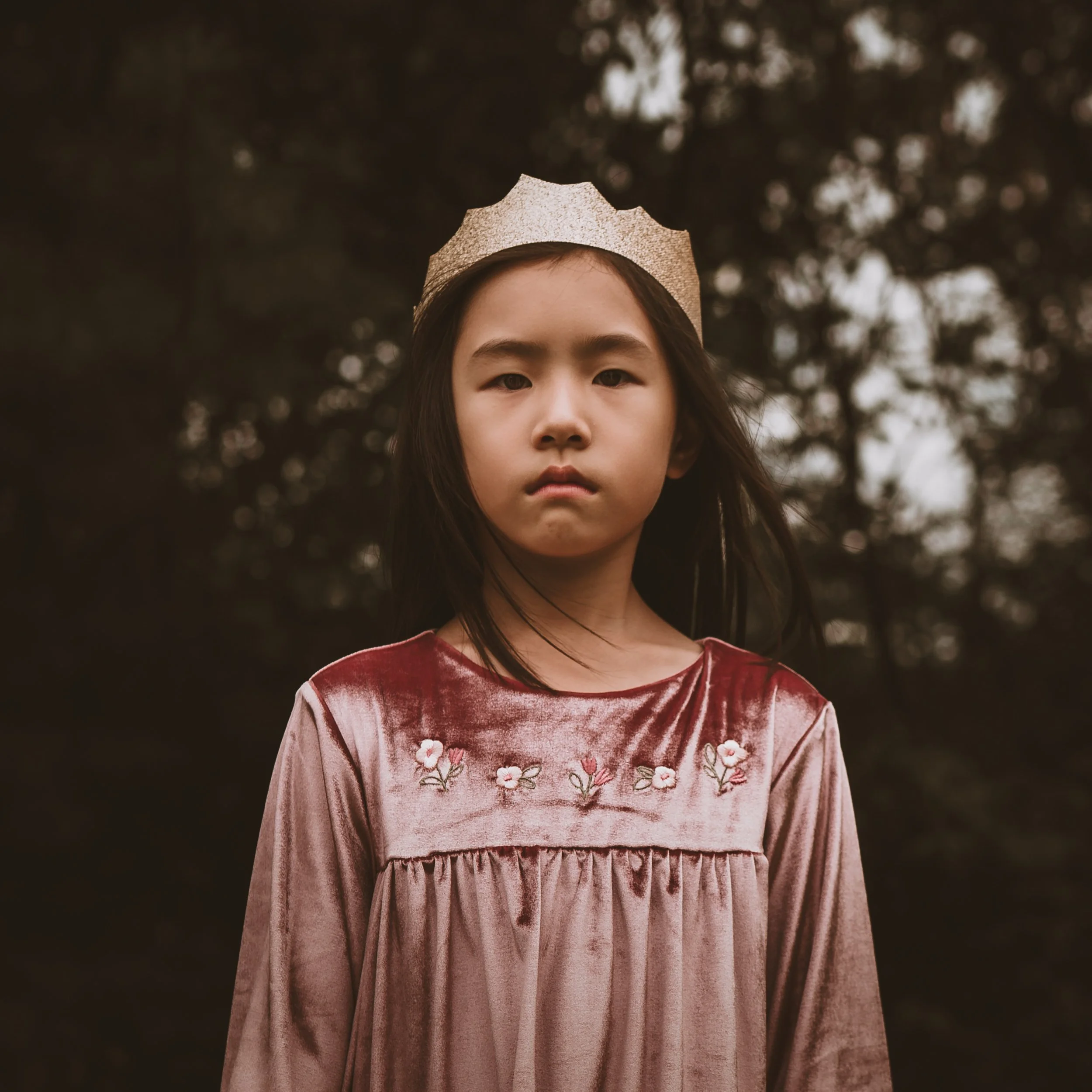 A young girl with long dark hair and light skin wearing a pink velvet dress with embroidery of flowers, standing outdoors in front of blurred trees.