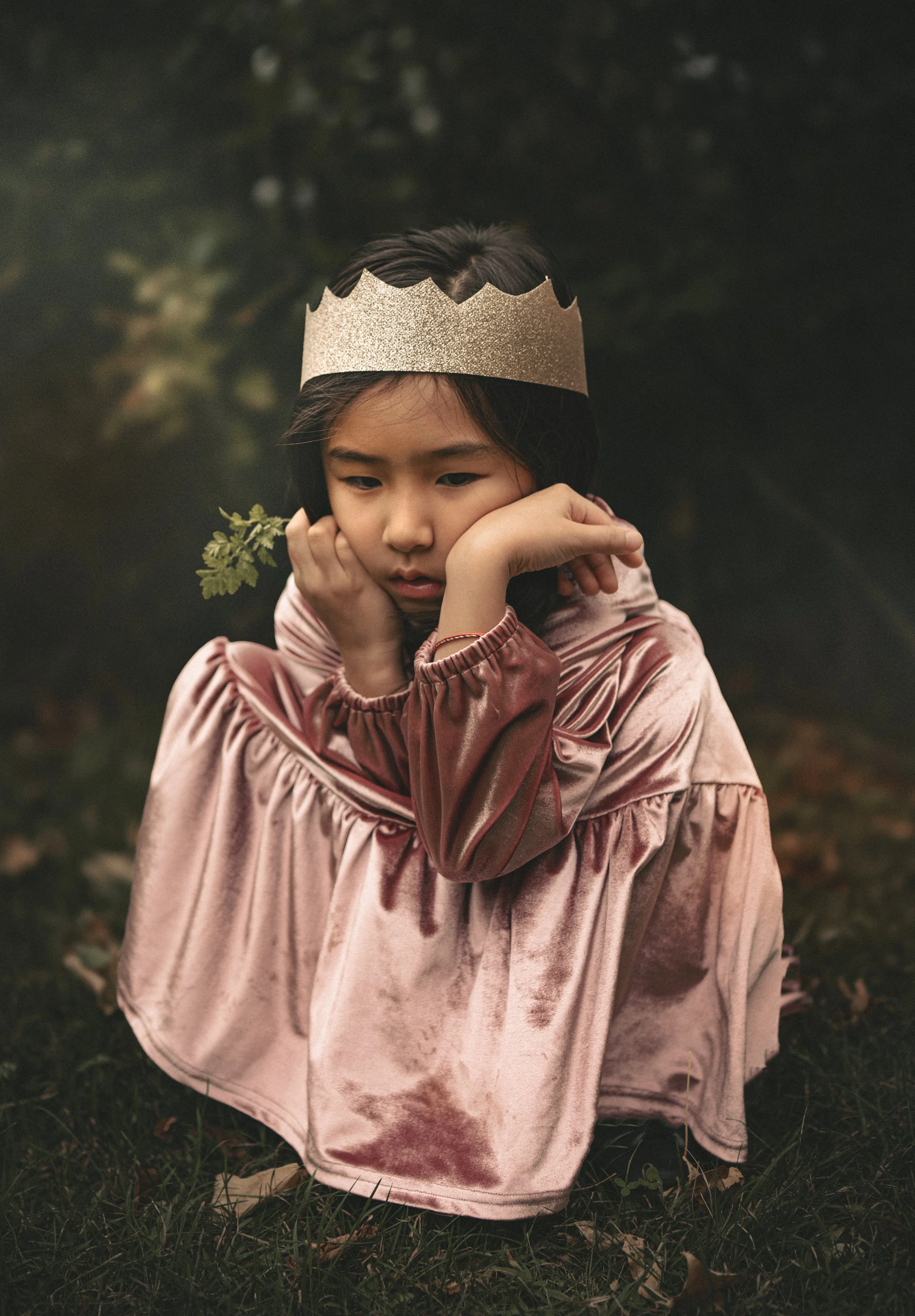 A young girl wearing a sparkly gold crown and pink velvet dress, sitting on the grass with a contemplative expression in a dark, natural outdoor setting.