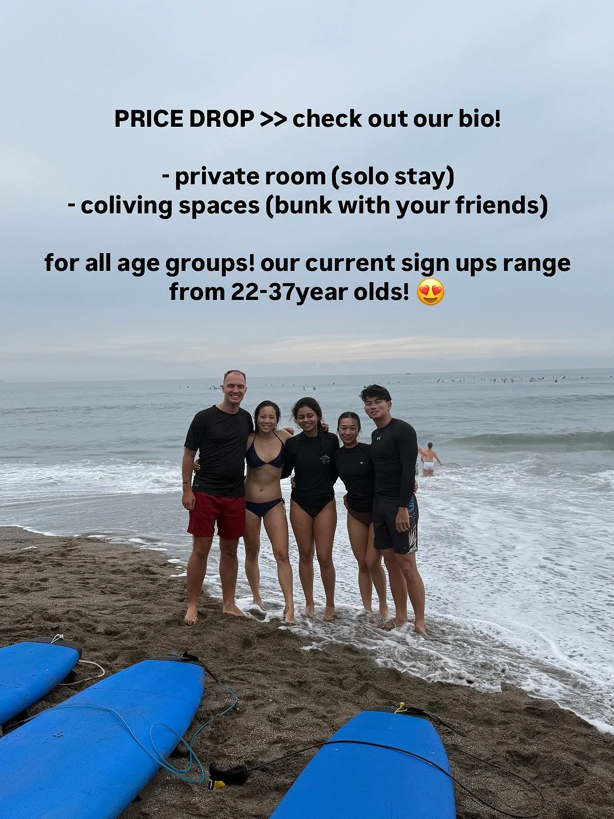 value for money experiences &gt;&gt; excessive 

PRICE DROP just dropped 👀🌊
Whether you&rsquo;re flying solo or bunking with your crew, we&rsquo;ve got you.
🏄&zwj;♀️ Private rooms or coliving options
📍Bali, Indonesia
Ages 22&ndash;37 and counting