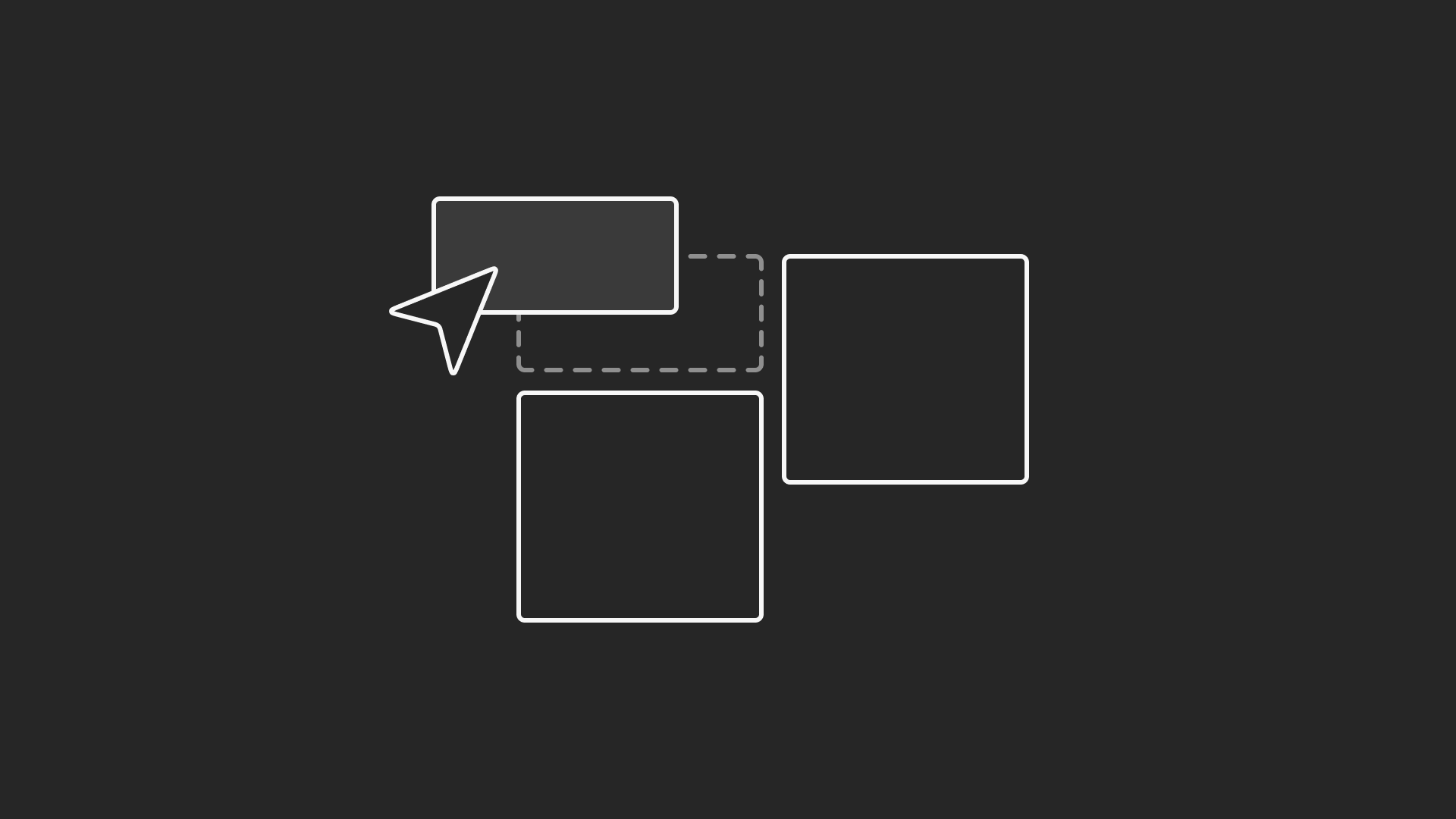 Illustration of a computer cursor selecting a rectangle, connected via dashed lines to two larger rectangles, one below the other, on a light gray background.