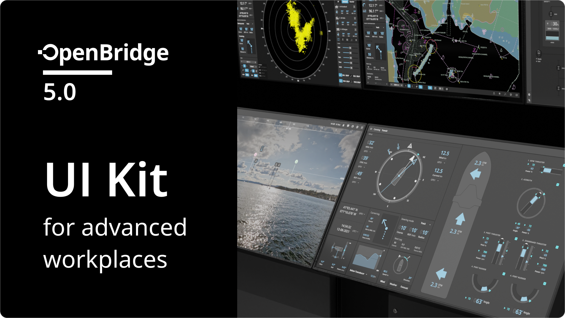 Software user interface on multiple screens displaying navigation, weather, and instrumentation data, with a background image of an open water landscape with clouds and the sky.