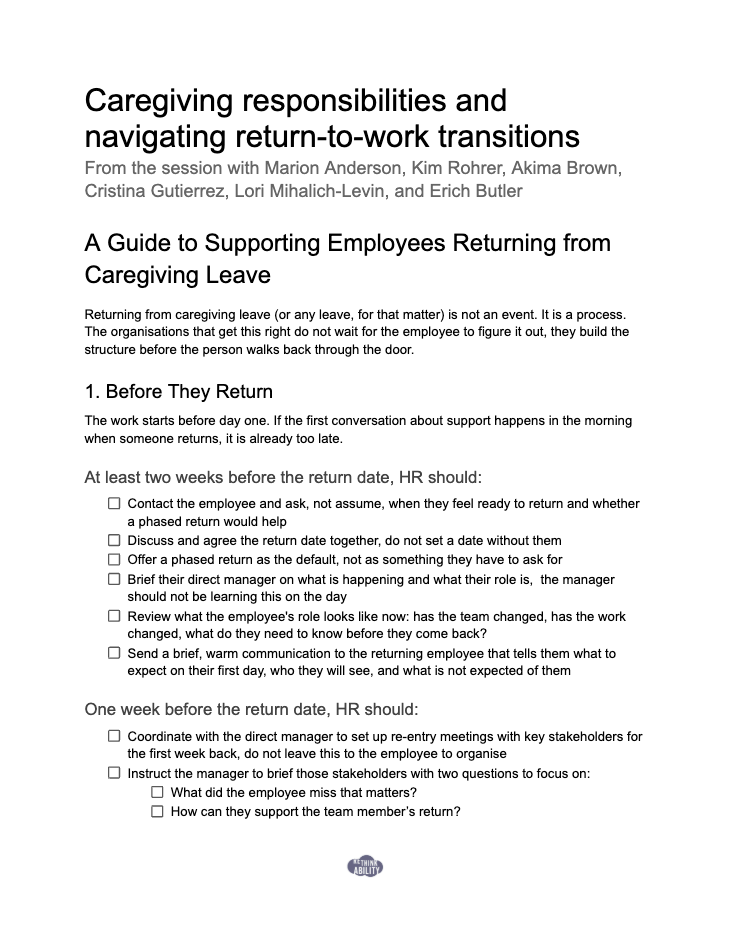 Preview of page one of "Caregiving responsibilities and navigating return-to-work transitions" audit
