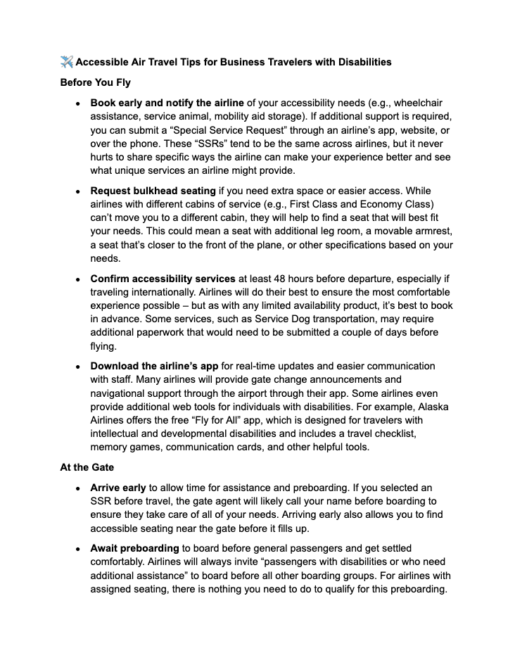 Preview of page one of  "Front row or nowhere: Rethinking accessibility in work travel" checklist