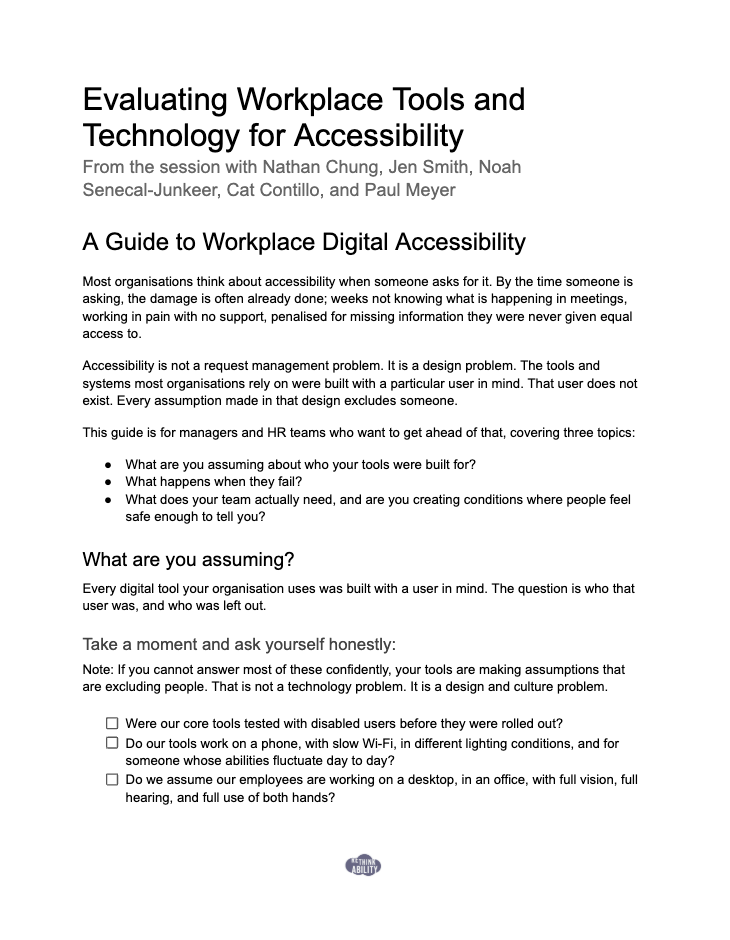 Preview of page one of "Evaluating workplace tools and technology for accessibility" resource document
