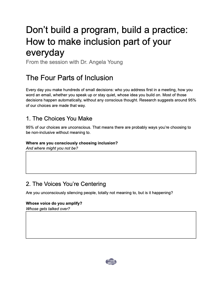 Preview of page one of "Don’t build a program,  build a practice:  How to make inclusion part of your everyday" resource document